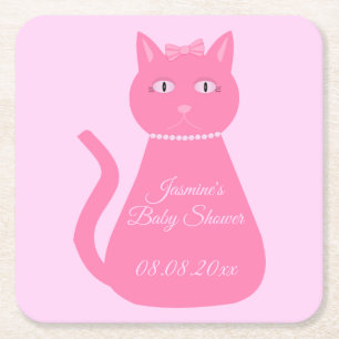 Söt Rosa Flicka Cat Anpassningsbar Baby Shower Underlägg Papper Kvadrat