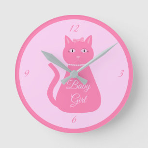 Söt Rosa Flicka Cat Anpassningsbar Nursery Rund Klocka