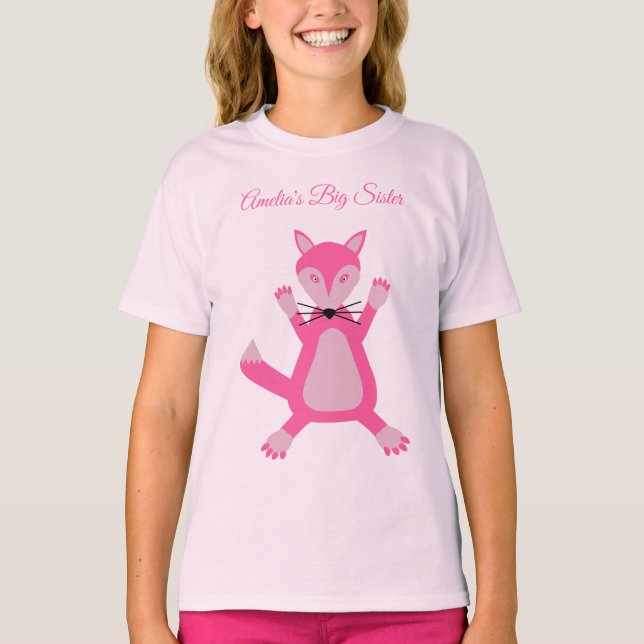 Söt Rosa Flicka Fox Anpassningsbar Big Sister T Shirt (Framsida)