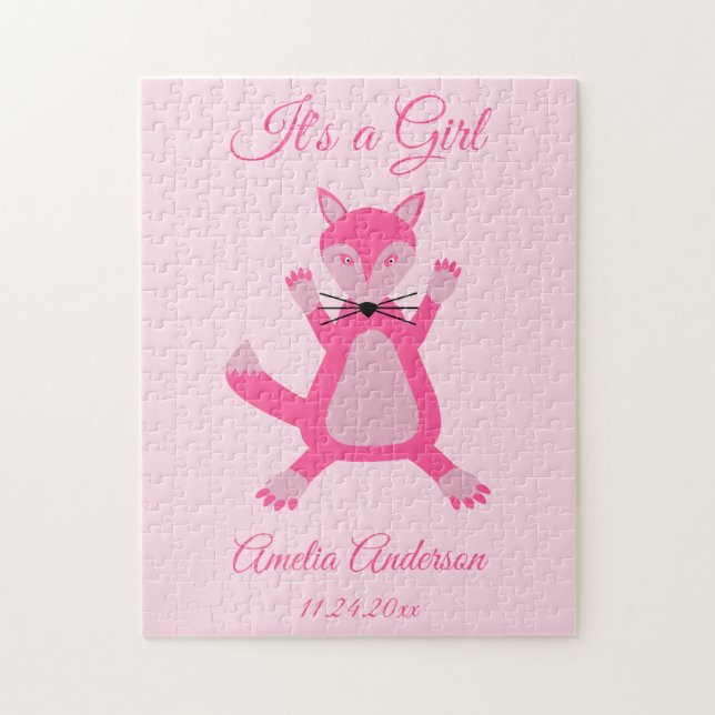 Söt Rosa Flicka Fox Birth Notice Pussel (Vertikal)