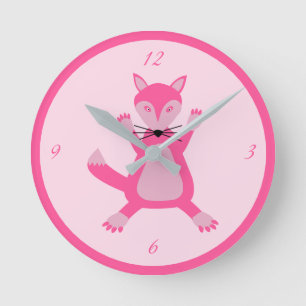 Söt Rosa Flicka Fox Nursery Rund Klocka