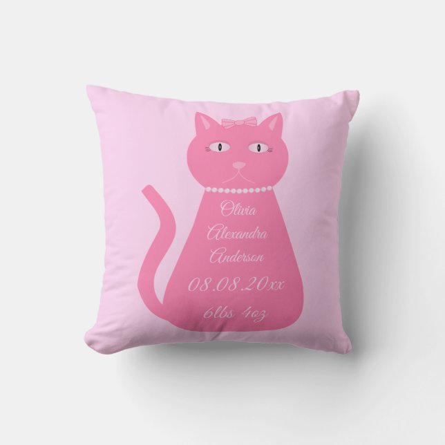 Söt Rosa Flicka Kat Birth Notice Kudde (Framsida)