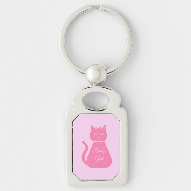 Söt Rosa Flicka Katt Anpassningsbar Rektangulärt Silverfärgad Nyckelring (Framsidan)