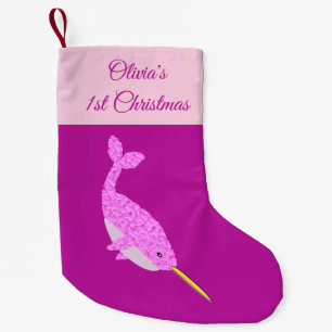 Söt Rosa Flicka Narwhal Anpassningsbar 1:a jul Liten Julstrumpa
