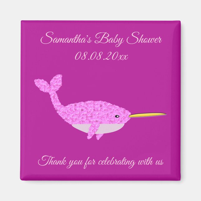 Söt Rosa Flicka Narwhal Anpassningsbar Baby Shower Magnet (Framsidan)