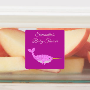 Söt Rosa Flicka Narwhal Baby Shower Anpassningsbar Klistermärke