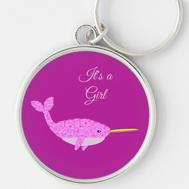 Söt Rosa Flicka Narwhal Gender Reveal Anpassningsb Rund Silverfärgad Nyckelring (Framsidan)