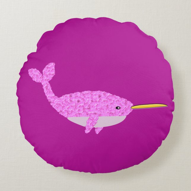 Söt Rosa Flicka Narwhal Rund Kudde (Framsidan)