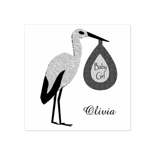 Söt Rosa Flicka Stork Anpassningsbar Stämpel (Tryck)