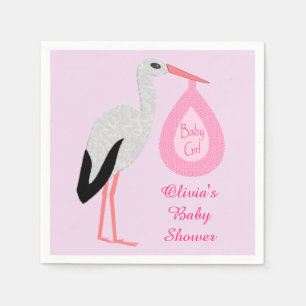 Söt Rosa Flicka Stork Baby Shower Anpassningsbar Pappersservett