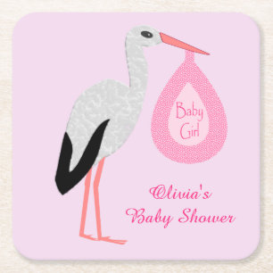 Söt Rosa Flicka Stork Baby Shower Anpassningsbar Underlägg Papper Kvadrat