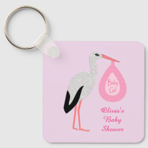 Söt Rosa Flicka Stork Baby Shower Keychain Nyckelring