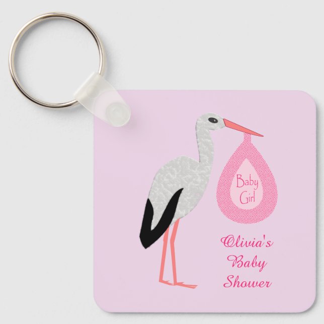 Söt Rosa Flicka Stork Baby Shower Keychain Nyckelring (Framsida)