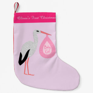 Söt Rosa Flicka Stork Första jul Liten Julstrumpa