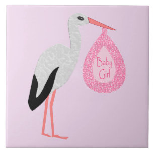 Söt Rosa Flicka Stork Kakelplatta