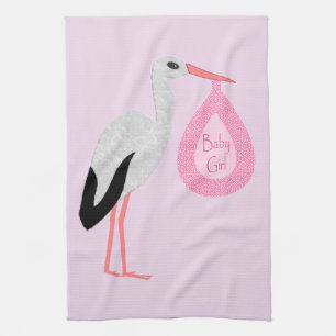 Söt Rosa Flicka Stork Kökshandduk