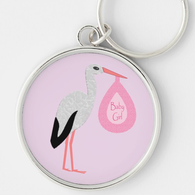Söt Rosa Flicka Stork Rund Silverfärgad Nyckelring (Framsidan)