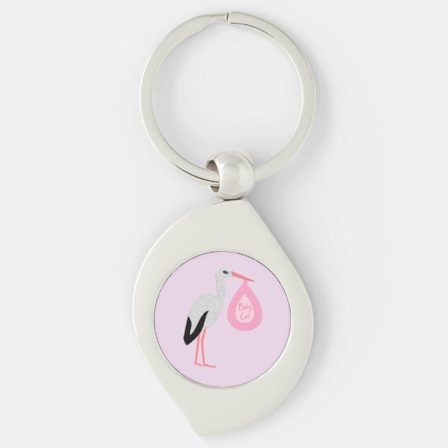 Söt Rosa Flicka Stork Swirl Silverfärgad Nyckelring (Framsidan)