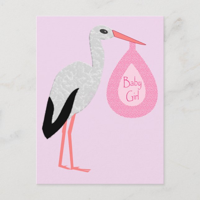 Söt Rosa Flicka Stork Vykort (Framsida)
