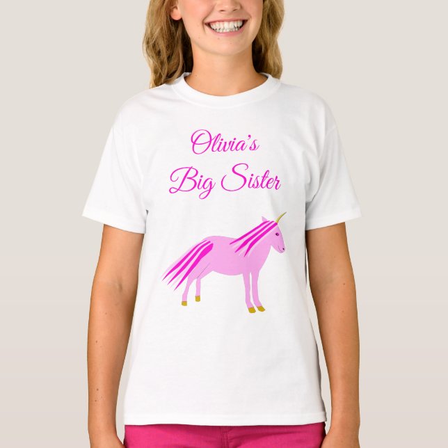 Söt Rosa Flicka Unicorn Anpassningsbar Big Sister T Shirt (Framsida)