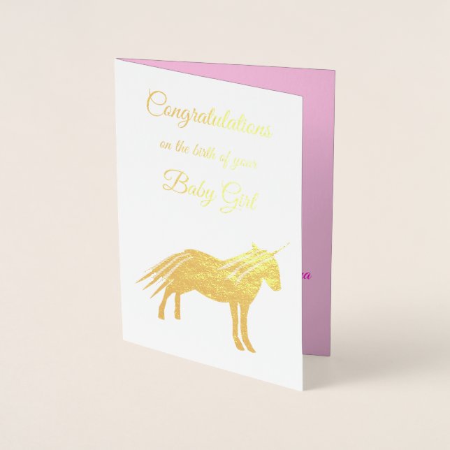 Söt Rosa Flicka Unicorn-Grattisar Folierat Kort (Framsida)