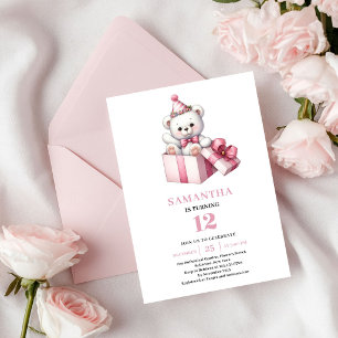 Söt Rosa Flickas Födelsedag Teddybjörn Ballong Inb Inbjudningar