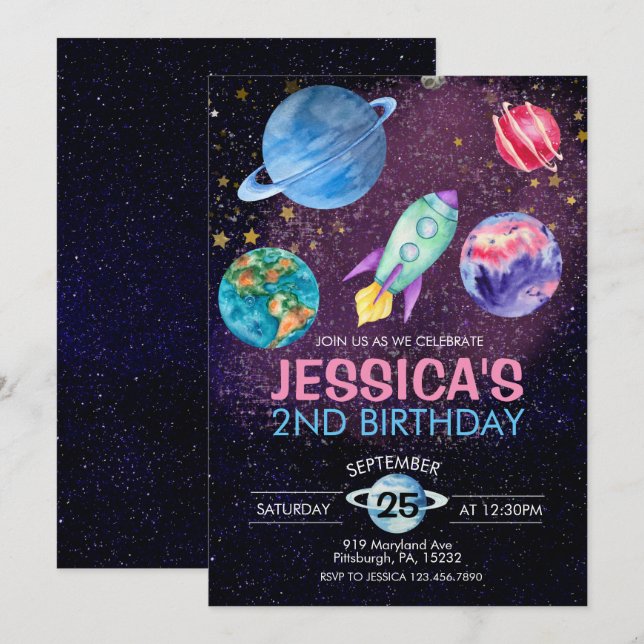 Söt Rosa Flickfest Astronaut Födelsedagskort Inbjudningar (Fram/baksida)