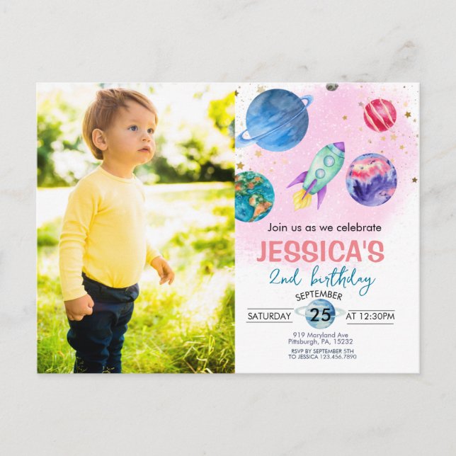 Söt Rosa Flicktema Party Astronaut Födelsedagsinbj Vykort (Framsida)