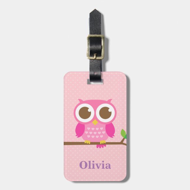Söt rosa flickugglor på gren för tjejer bagagebricka (Vertikal Framsida)