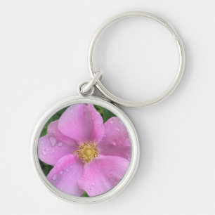 Söt Rosa Flower Photo Refshing RainDrop Petal Rund Silverfärgad Nyckelring