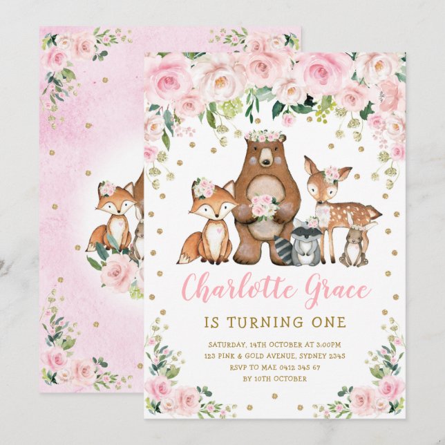 Söt Rosa Flower Woodland Animals Girl Birthday Inbjudningar (Fram/baksida)