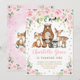 Söt Rosa Flower Woodland Animals Girl Birthday Inbjudningar