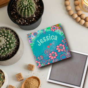 Söt Rosa Flowers Anpassningsbar Teal Inspiritivity Magnet