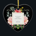 Söt Rosa Flowers Babys Första jul på Black Julgransprydnad Keramik<br><div class="desc">Denna vackra prydnadssten har vackra vattenfärger i stil rosa och grått och grönt löv. En kvadrat ram med faux guld-folie finns i mitten och du kan anpassa dig med baby namn och vilket meddelande som helst eller år genom att använda mallen. (KOM NOTE: guld-utseendet är tryckt på, och detta prydnadsföremål...</div>