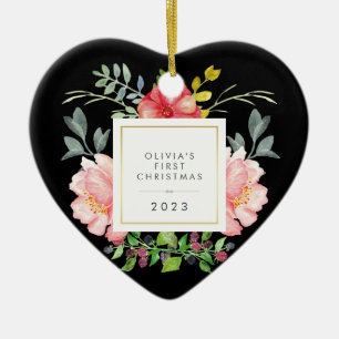 Söt Rosa Flowers Babys Första jul på Black Julgransprydnad Keramik