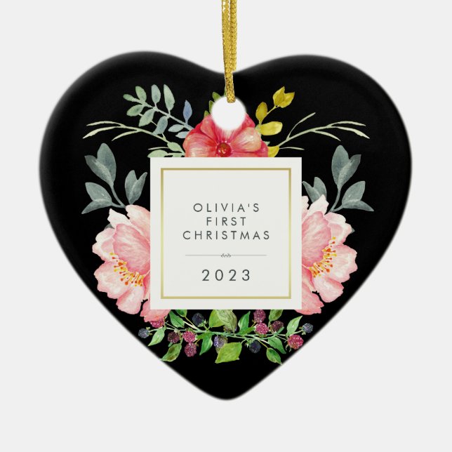 Söt Rosa Flowers Babys Första jul på Black Julgransprydnad Keramik (Framsidan)