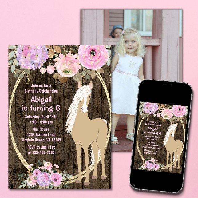 Söt Rosa Flowers Barnwood Photo Horse Birthday Inbjudningar (Skapare uppladdad)