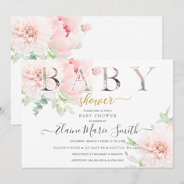 Söt Rosa Flowers Blommigt Girl Baby Shower Inbjudningar (Fram/baksida)
