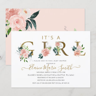 Söt Rosa Flowers Blommigt Girl Baby Shower Inbjudningar