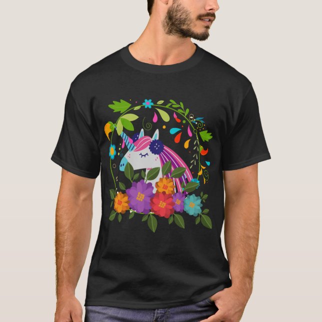 Söt Rosa Flowers Cute Unicorn God jul T Shirt (Framsida)