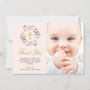 Söt Rosa Flowers och Guld Kor Baptismfoto Tack Kort