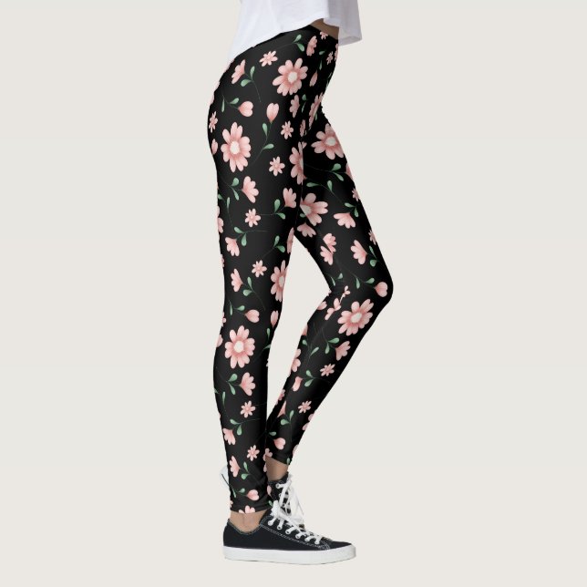Söt Rosa Flowers on Black Leggings (Höger)