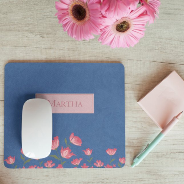 Söt Rosa Flowers på Blue Watercolor Mouse Pad Musmatta (Skapare uppladdad)