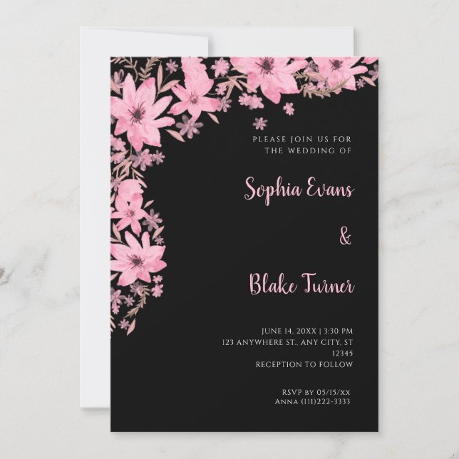 Söt Rosa Flowers Romantic Black Bröllop Inbjudningar (Framsida)
