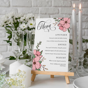 Söt Rosa Flowers Swirly Script Bröllop Meny