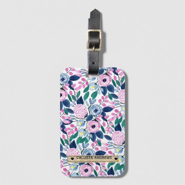 Söt Rosa Flowers Watercolor Guld Monogram Bagagebricka (Framsida vertikal)