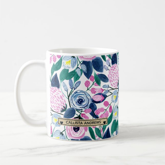 Söt Rosa Flowers Watercolor Guld Monogram Kaffemugg (Vänster)