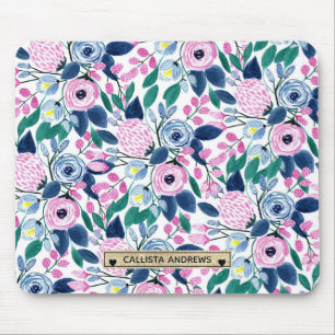 Söt Rosa Flowers Watercolor Guld Monogram Musmatta