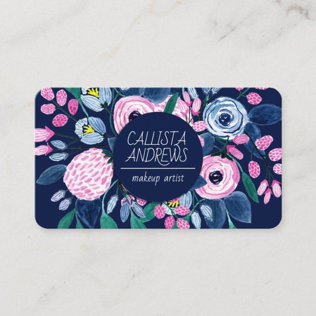 Söt Rosa Flowers Watercolor Makeup Artist Visitkort (Framsida)