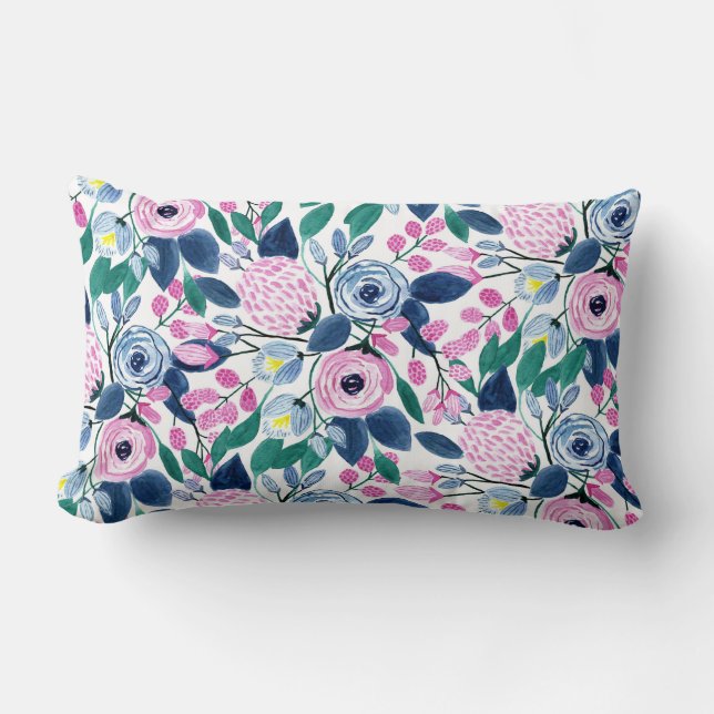Söt Rosa Flowers Watercolor Mönster Lumbarkudde (Framsida)